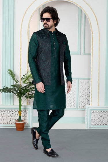 Dark Green Wedding Wear Jacquard Readymade Kurta And Aligadhi Pant For Men