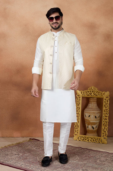 Jacquard Fabric Cream Men Readymade Kurta And Aligadhi With Jacket For Wedding Wear
