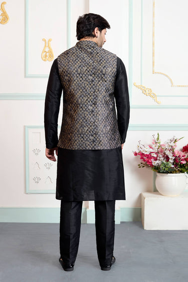 Jacquard Fabric Black Color Men Readymade Kurta And Aligadhi Pant For Wedding Wear