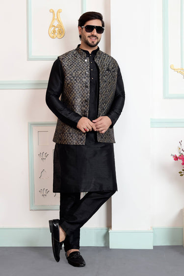 Jacquard Fabric Black Color Men Readymade Kurta And Aligadhi Pant For Wedding Wear