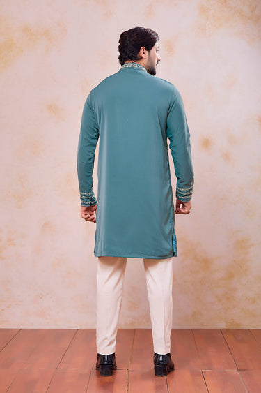 Teal Wedding Wear Fancy Fabric Embroidered Readymade Kurta With Aligadhi Pant For Men