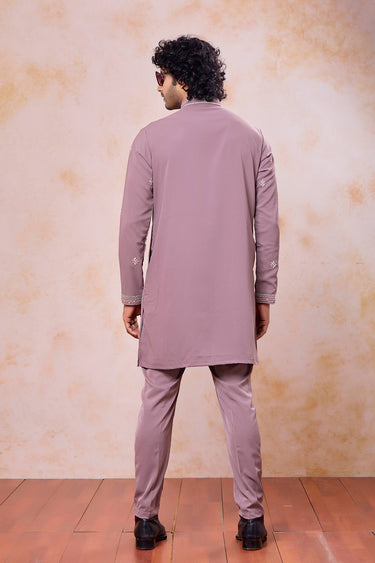 Fancy Fabric Embroidered Pink Readymade Kurta With Aligadhi Pant For Men