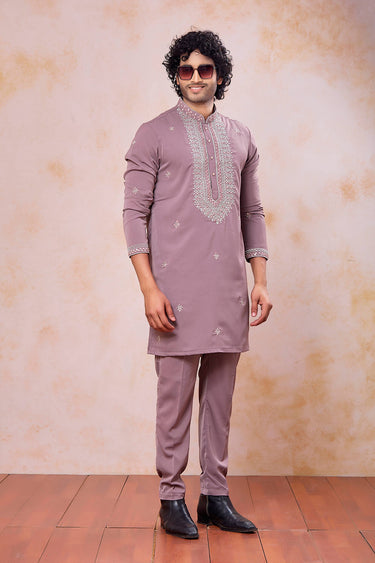 Fancy Fabric Embroidered Pink Readymade Kurta With Aligadhi Pant For Men
