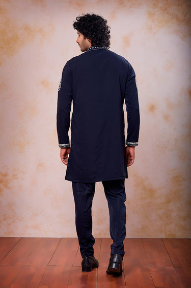 Navy Blue Wedding Wear Fancy Fabric Embroidered Readymade Kurta With Aligadhi Pant For Men