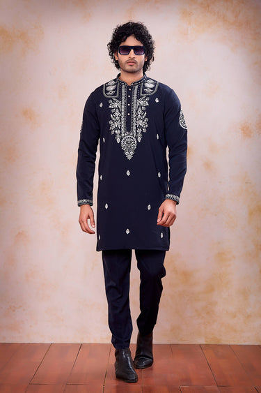 Navy Blue Wedding Wear Fancy Fabric Embroidered Readymade Kurta With Aligadhi Pant For Men