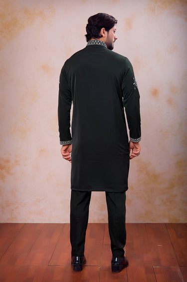 Fancy Fabric Embroidered Olive Green Readymade Kurta With Aligadhi Pant For Men