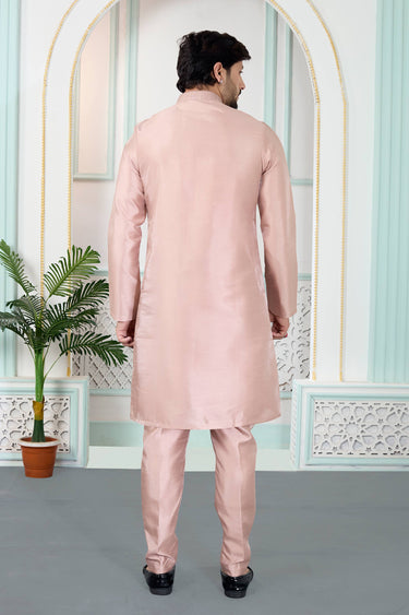 Pink Function Wear Art Silk Readymade Kurta Pyjama For Men
