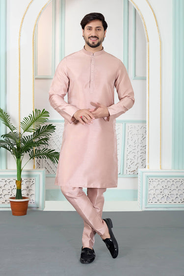 Pink Function Wear Art Silk Readymade Kurta Pyjama For Men