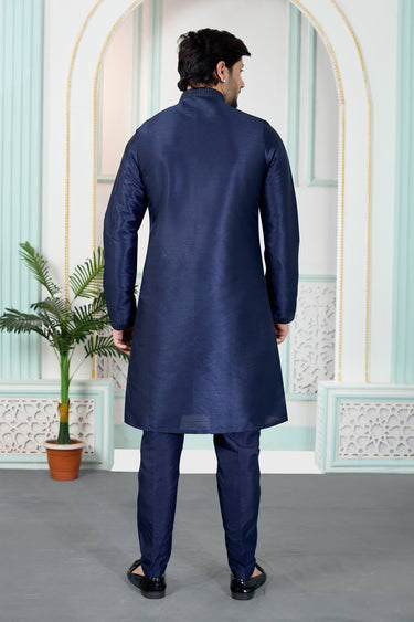 Art Silk Navy Blue Men Readymade Kurta Pyjama For Function Wear