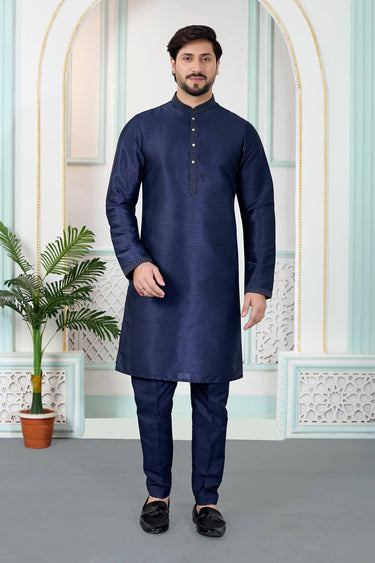 Art Silk Navy Blue Men Readymade Kurta Pyjama For Function Wear