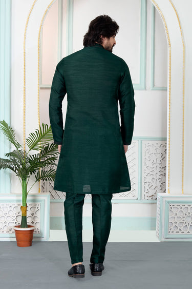 Dark Green Function Wear Art Silk Readymade Kurta With Aligadhi Pant For Men