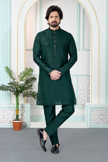 Dark Green Function Wear Art Silk Readymade Kurta With Aligadhi Pant For Men