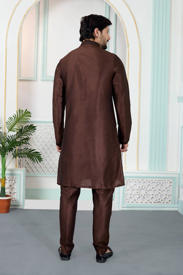 Brown Art Silk Men Readymade Kurta Pyjama For Function Wear