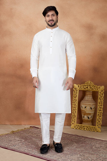 Off White Function Wear Art Silk Readymade Kurta Pyjama For Men
