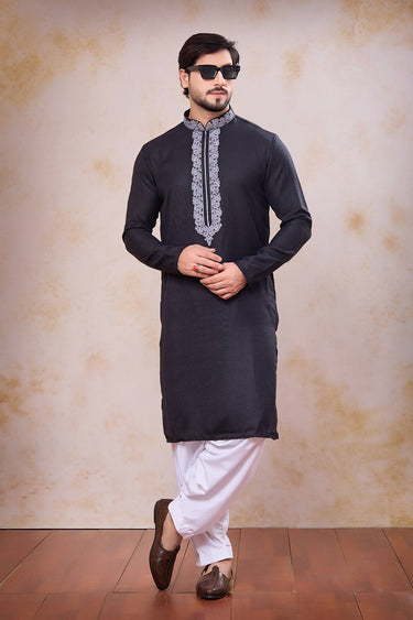 Cotton Black Sangeet Wear Readymade Kurta With Patiyala Style Bottom For Men