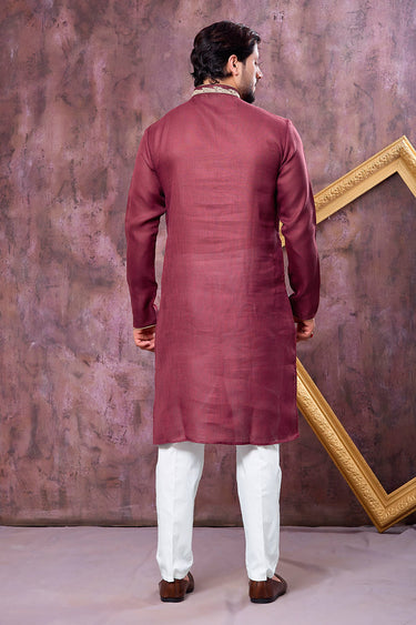 Embroidered Maroon Sangeet Wear Readymade Kurta With Aligadhi Pant For Men