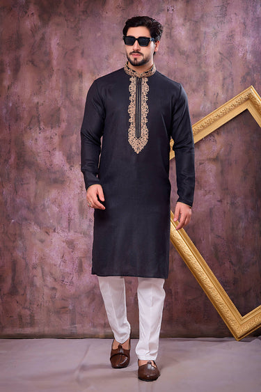 Black Sangeet Wear Cotton Readymade Kurta With Aligadhi Pant For Men