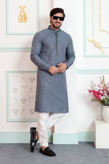 Grey Festive Wear Art Silk Readymade Kurta Pyjama For Men