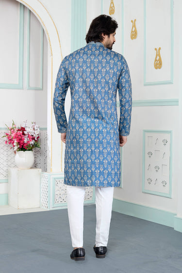 Art Silk Fabric Blue Festive Wear Readymade Kurta Pyjama For Men