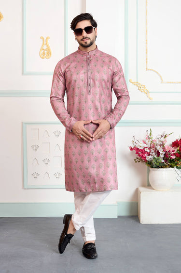 Pink Festive Wear Art Silk Fabric Readymade Kurta Pyjama For Men