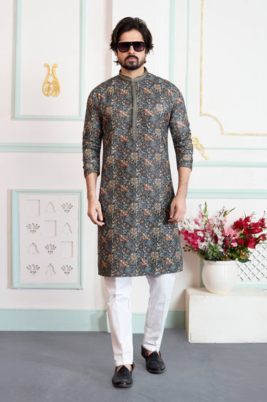 Art Silk Dark Green Men Readymade Kurta With Aligadhi Pant For Festive Wear