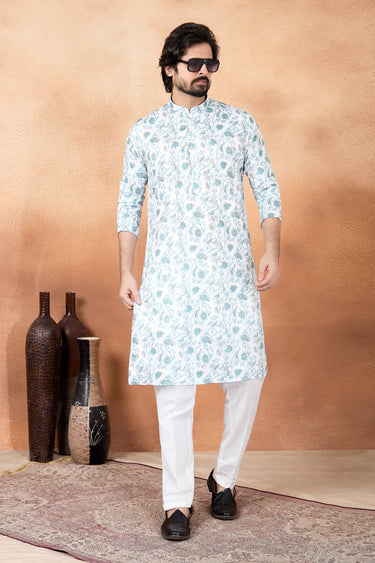Art Silk Off White Function Wear Readymade Kurta Pyjama For Men
