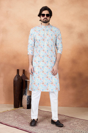 Art Silk Fabric Blue Men Readymade Kurta Pyjama For Function Wear