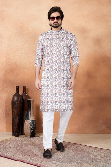Art Silk Function Wear Off White Readymade Kurta Pyjama For Men