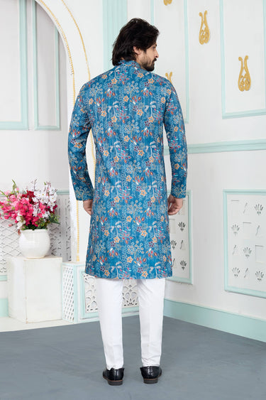 Blue Art Silk Fabric Men Readymade Kurta With Aligadhi Pant For Men