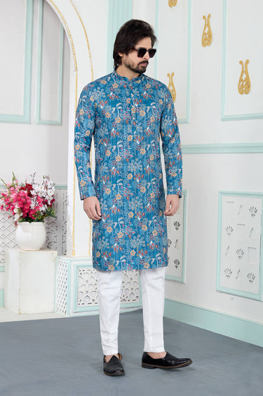 Blue Art Silk Fabric Men Readymade Kurta With Aligadhi Pant For Men