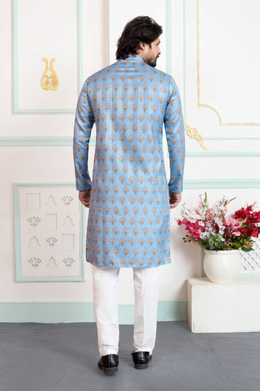 Sky Blue Function Wear Art Silk Readymade Kurta With Aligadhi Pant For Men