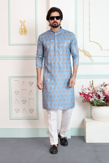 Sky Blue Function Wear Art Silk Readymade Kurta With Aligadhi Pant For Men