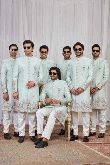 Sea Green Wedding Wear Art Silk Fabric Readymade Indo Western For Men