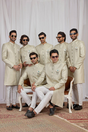 Beige Wedding Wear Jacquard Fabric Readymade Indo Western For Men