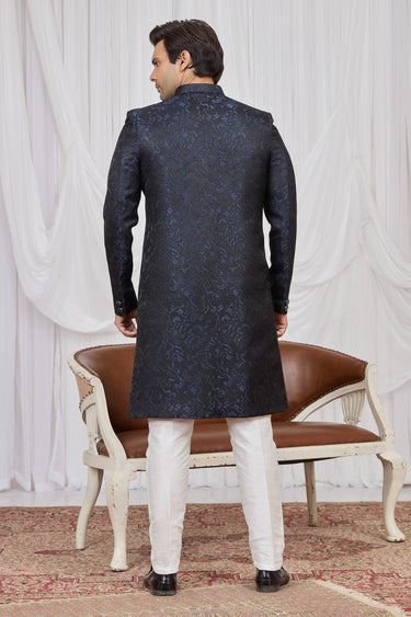Navy Blue Wedding Wear Jacquard Fabric Readymade Indo Western For Men