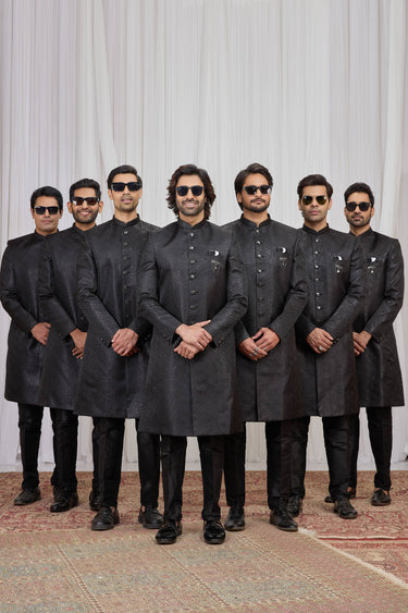 Black Wedding Wear Jacquard Fabric Readymade Indo Western For Men