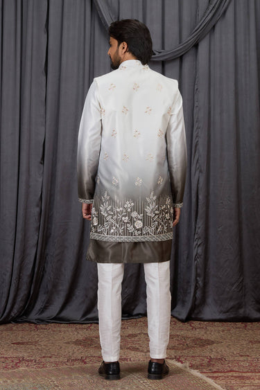 Art Silk Embroidered White Readymade Kurta Pyjama With Jacket For Men