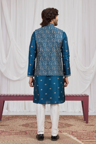 Teal Sangeet Wear Art Silk Readymade Kurta Pyjama With Jacket For Men