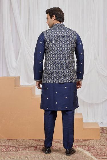 Art Silk Embroidered Blue Readymade Kurta Pyjama With Jacket For Men