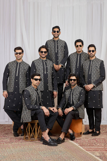Black Sangeet Wear Art Silk Readymade Kurta Pyjama With Jacket For Men