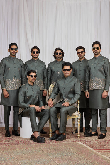 Art Silk Embroidered Grey Sangeet Wear Readymade Kurta Pyjama For Men