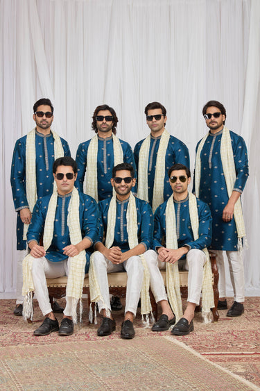 Art Silk Fabric Teal Readymade Kurta Pyjama With Stole For Men