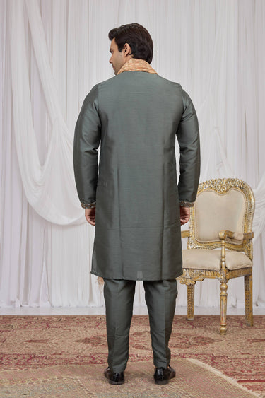 Art Silk Grey Festive Wear Readymade Kurta Pyjama With Dupatta For Men