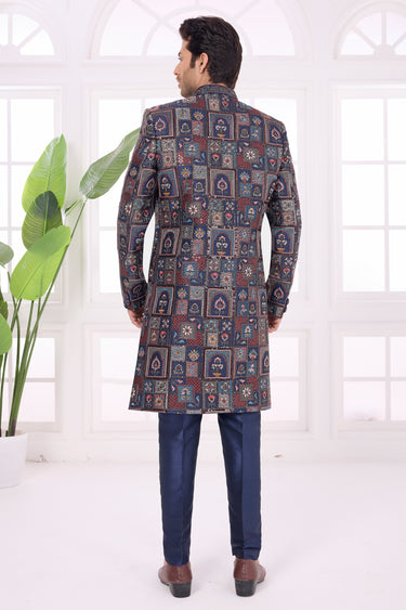 Mens Thread Embroidered Rich Navy Blue Silk Wedding Function Indo Western Sherwani With Aligadhi Pants