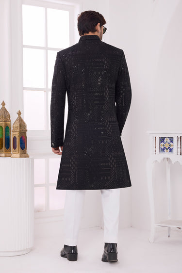 Mens Elegant Thread Embroidery Rich Silk Party Wear Indo Western Sherwani With Aligadhi Pant
