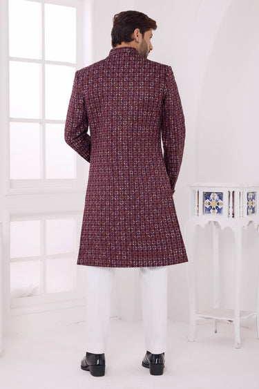 Mens Trendy Thread Embroidered Rich Wine Silk Indo Western Set With Aligadhi Pant