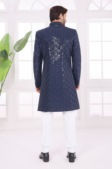 Grand Thread Work Rich Navy Blue Silk Ethnic Wedding Indo Western Sherwani Set With Aligadhi Pant