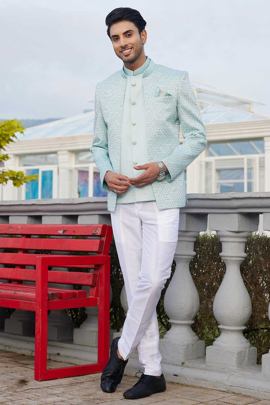 Sea Green Gorgeous Art Silk Fabric Readymade Jodhpuri Jacket