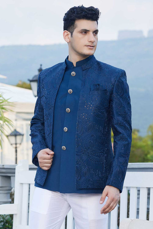 Trendy Blue Color Readymade Jodhpuri Jacket In Art Silk Fabric