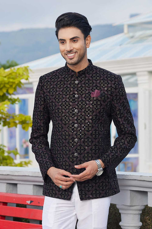 Black Velvet Fabric Graceful Jodhpuri Jacket For Wedding Function